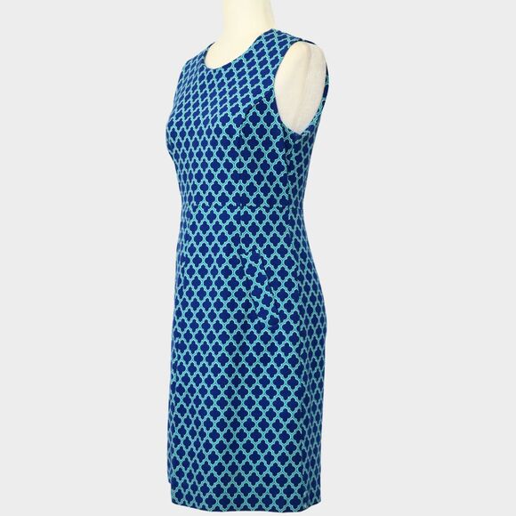 LAND'S END Royal Teal Blue Quatrefoil Ponte Stretch Sheath Dress  Size 10P - Picture 2 of 9